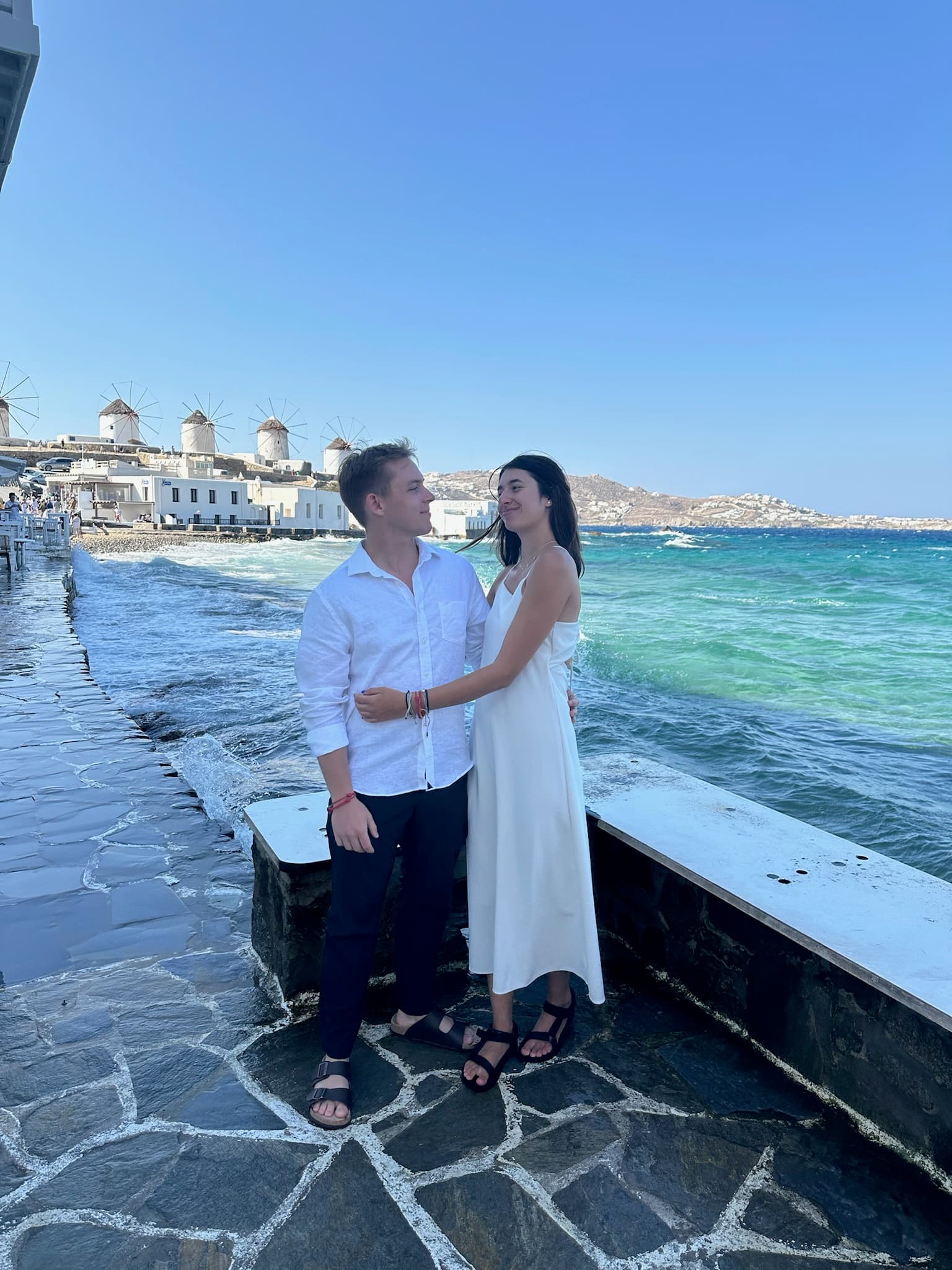 Mykonos waterfront with windmills